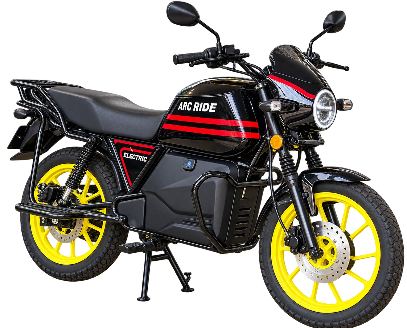 ARC Ride electric motorcycle, black with red stripes and yellow wheels