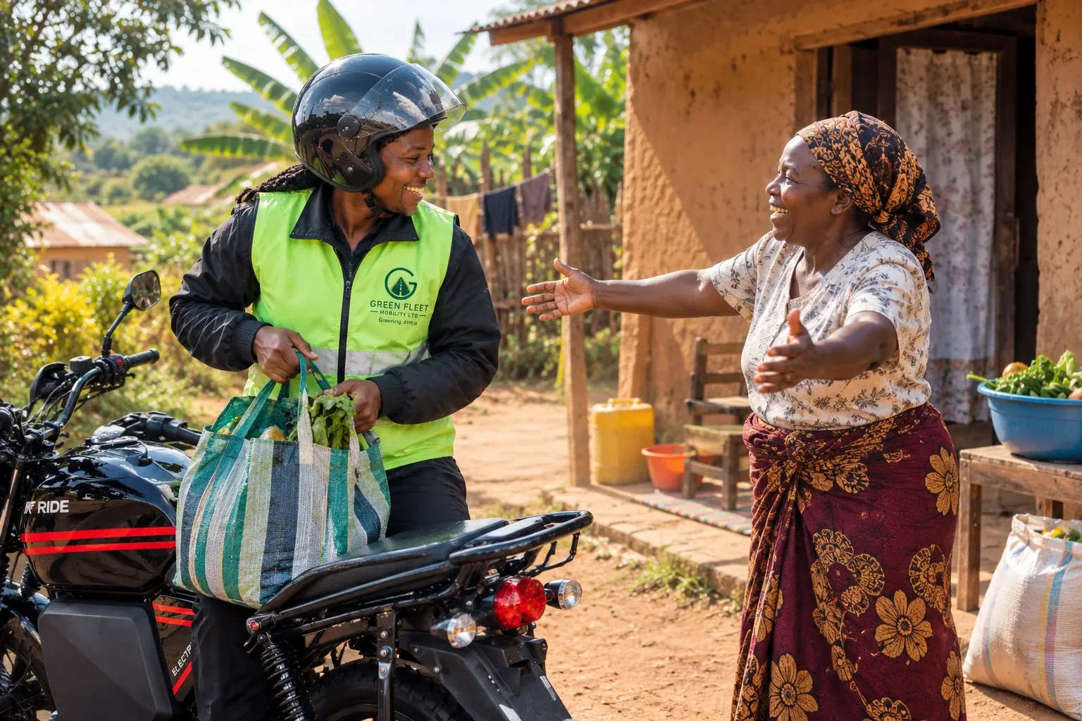 A Green Fleet rider bringing groceries home to a smiling woman