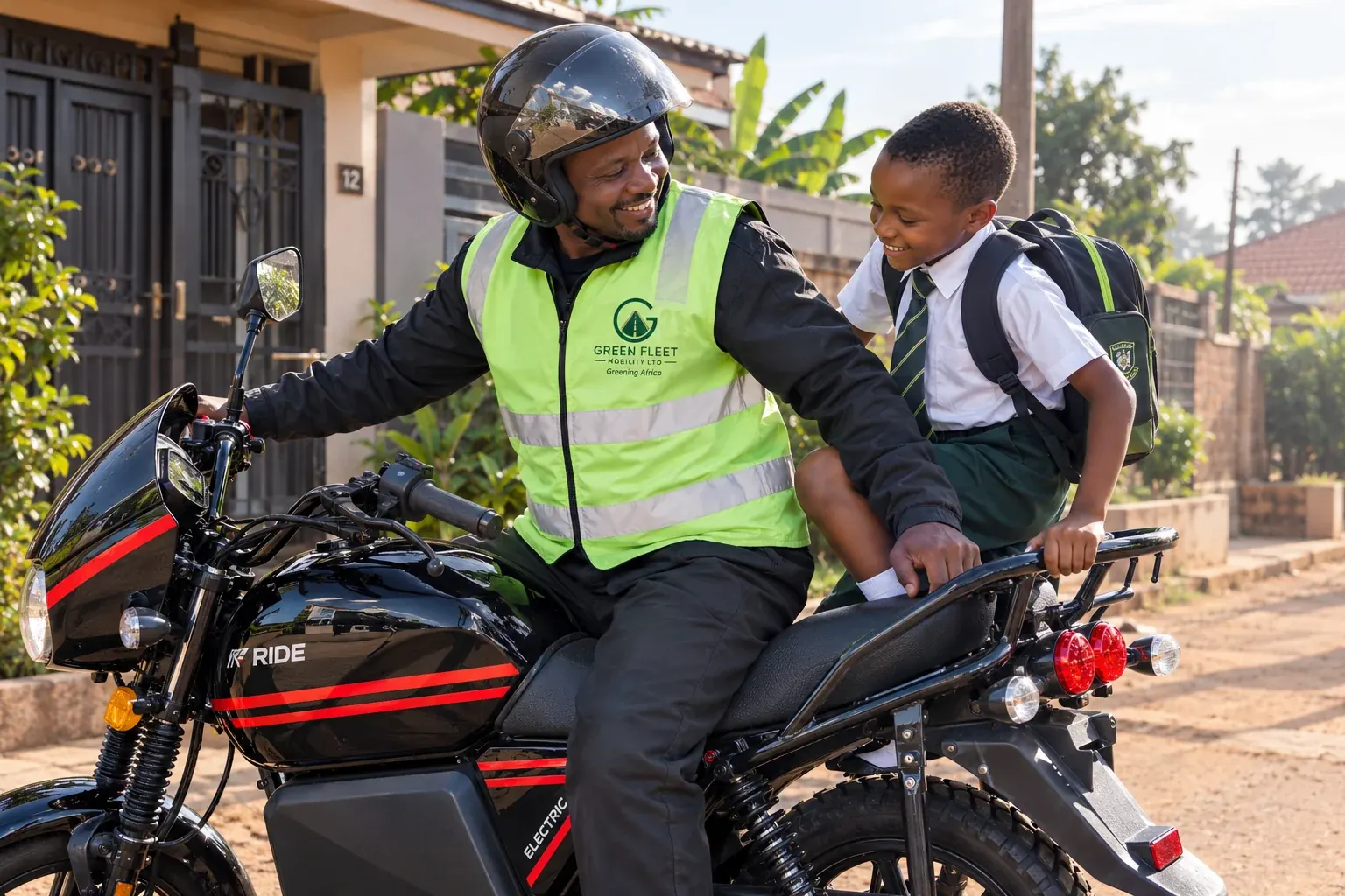A Green Fleet rider on an ARC Ride electric motorcycle smiling as a schoolboy climbs on behind him