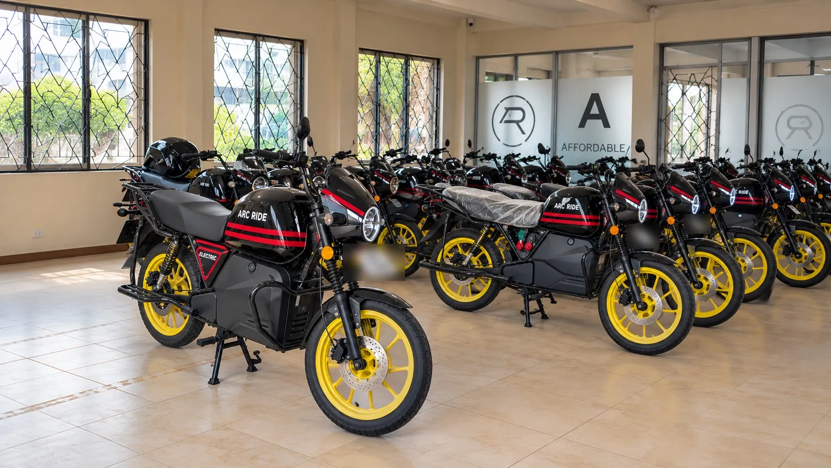 Rows of ARC Ride electric motorcycles in the dealer showroom
