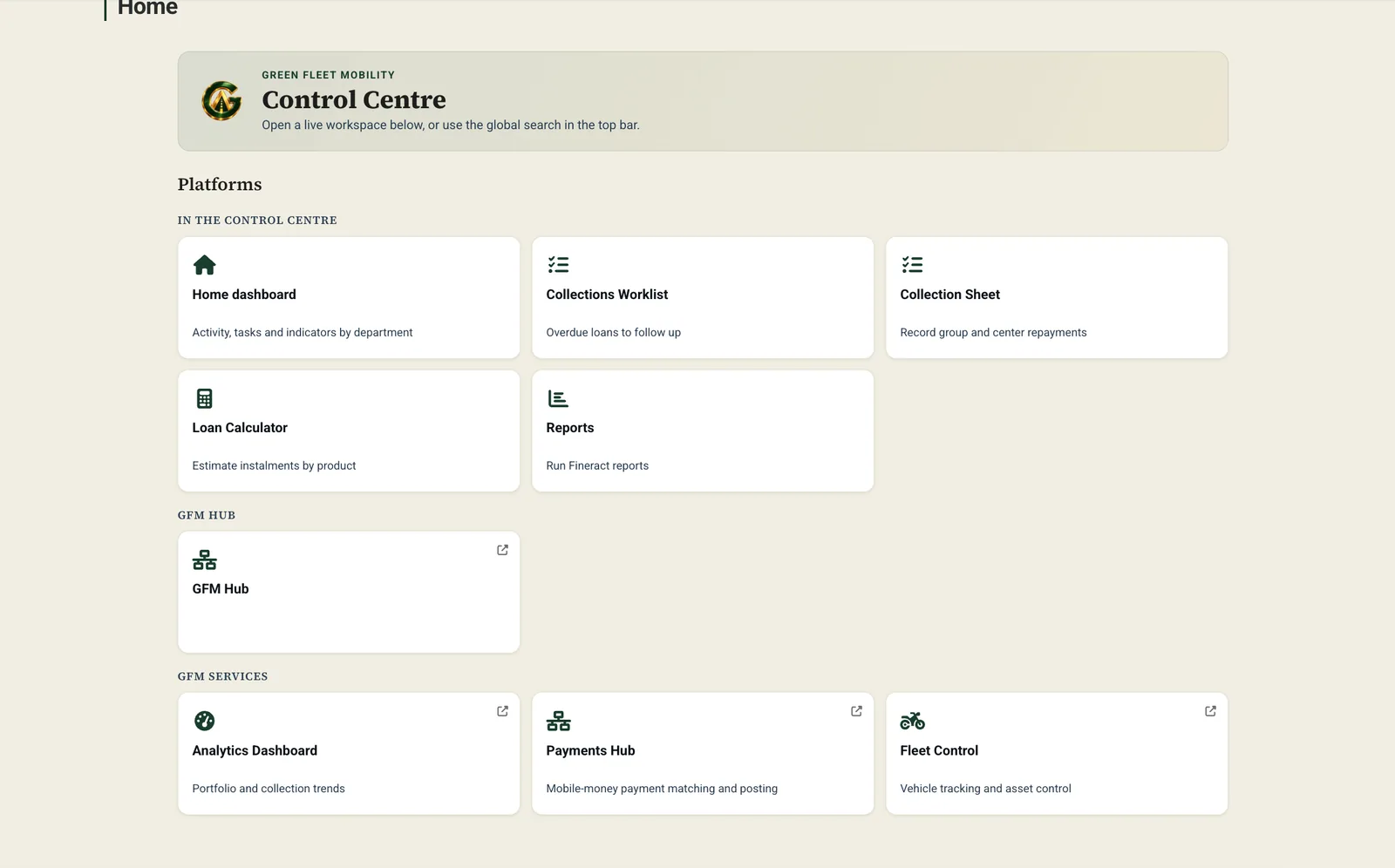 Control Centre home with tiles for the collections worklist, reports, loan calculator, payments hub and fleet control