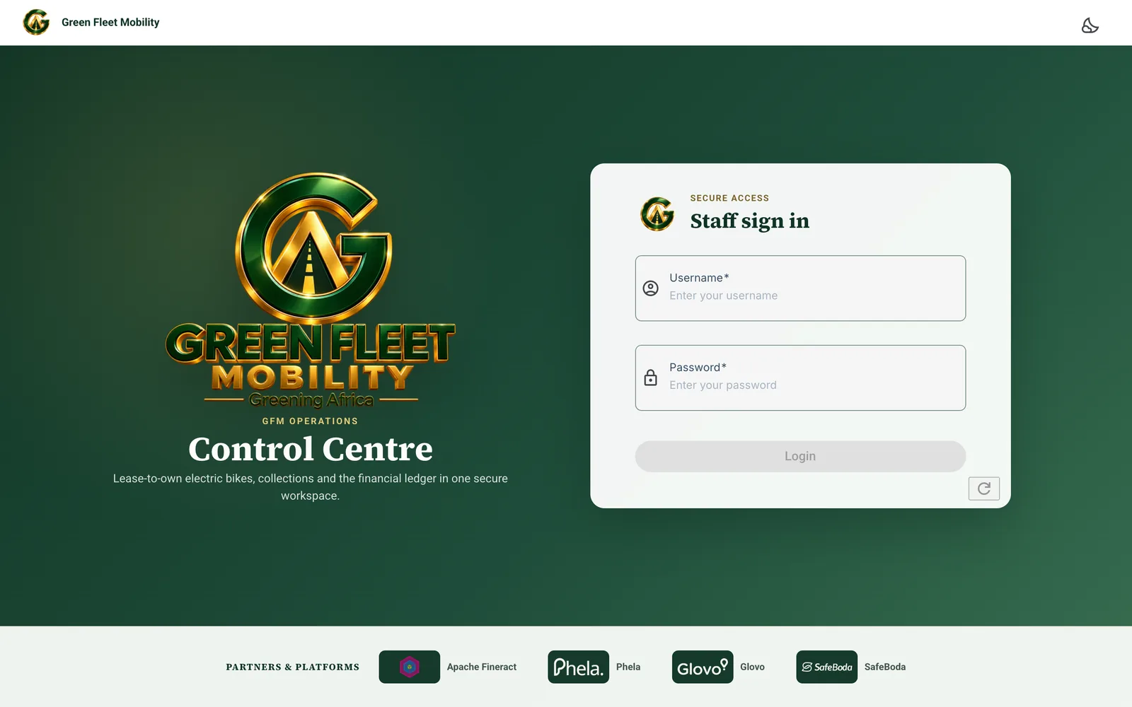 Control Centre staff sign-in page with the Green Fleet Mobility logo