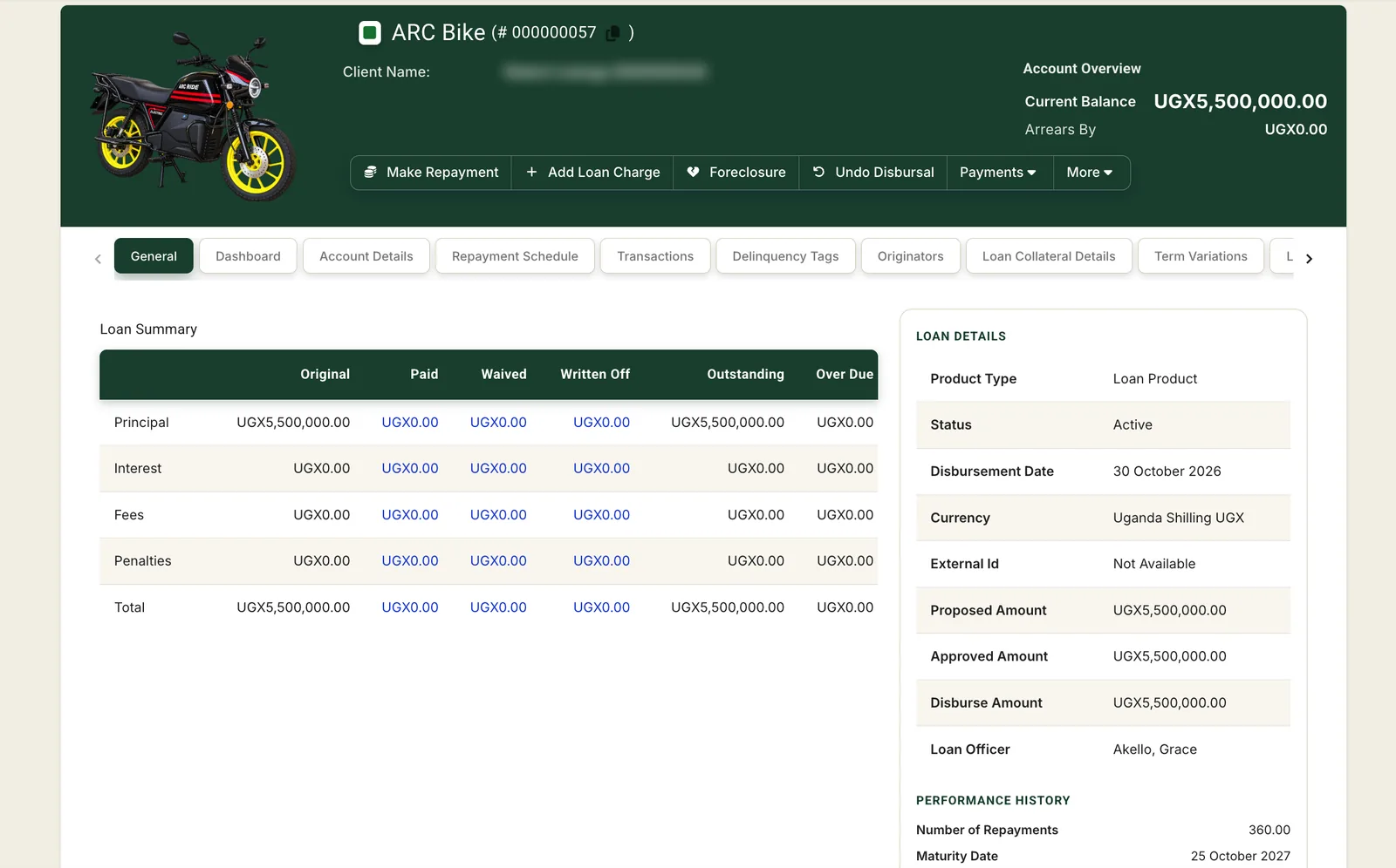 Control Centre loan account for an ARC Bike loan, showing the balance, arrears and loan summary